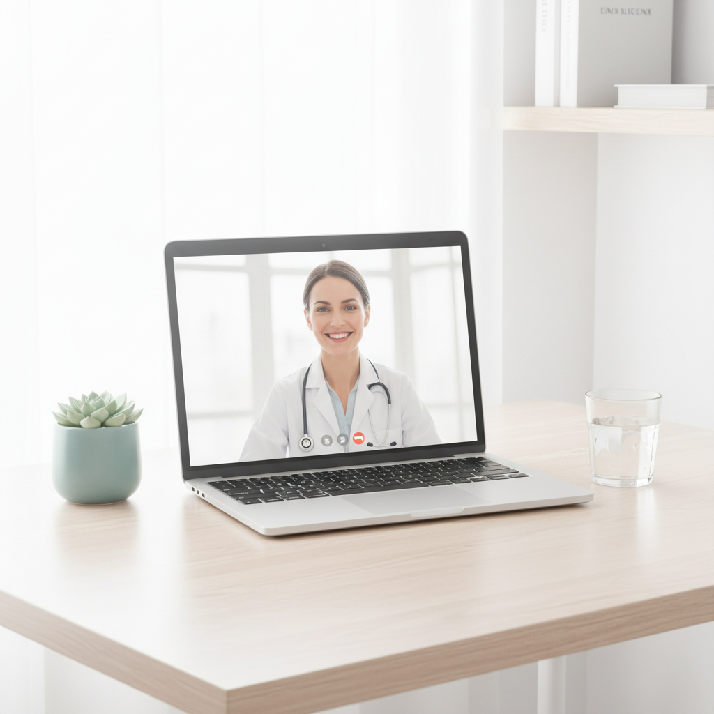 Laptop showing video call representing telehealth appointment
