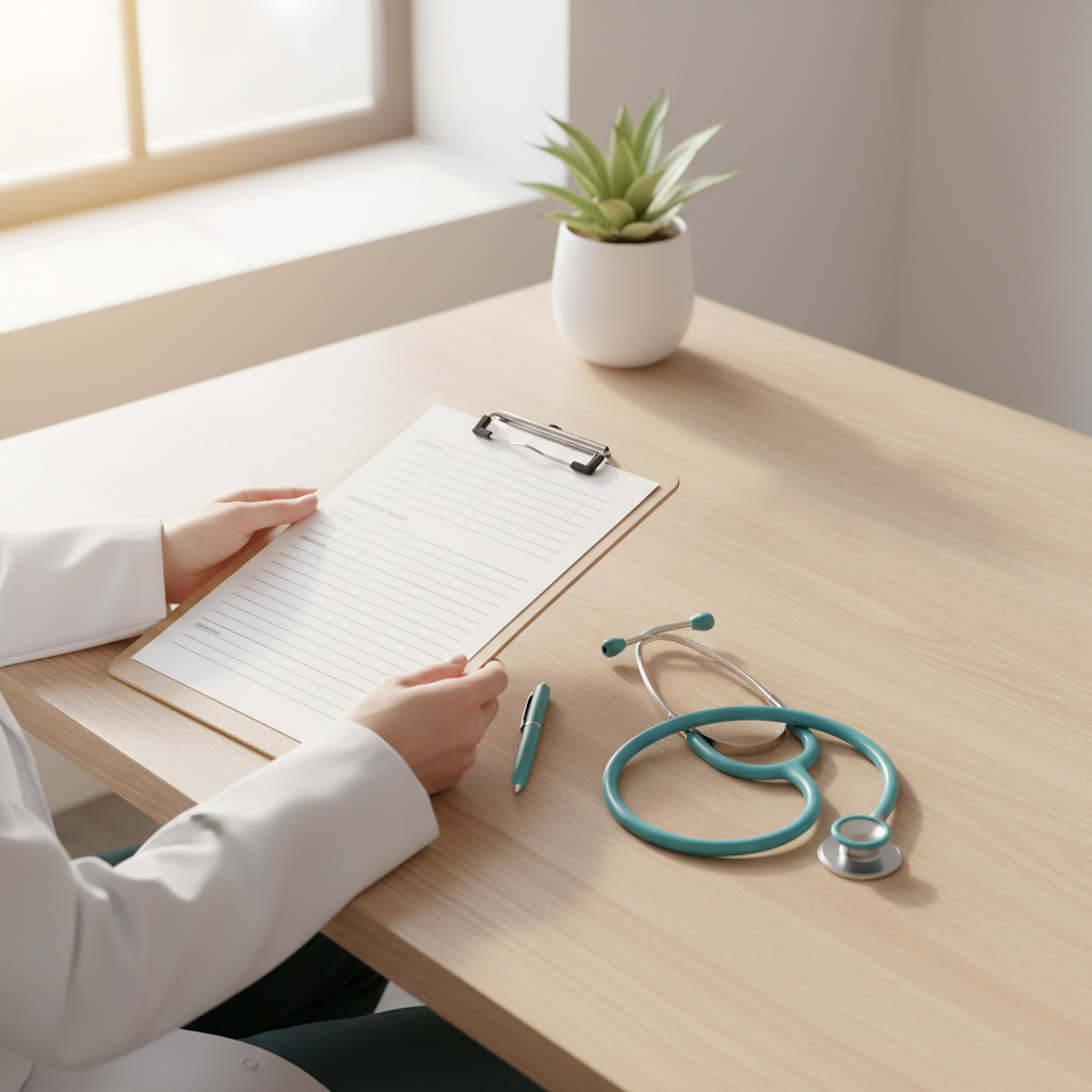 Doctor reviewing patient records at a bright modern desk with teal stethoscope