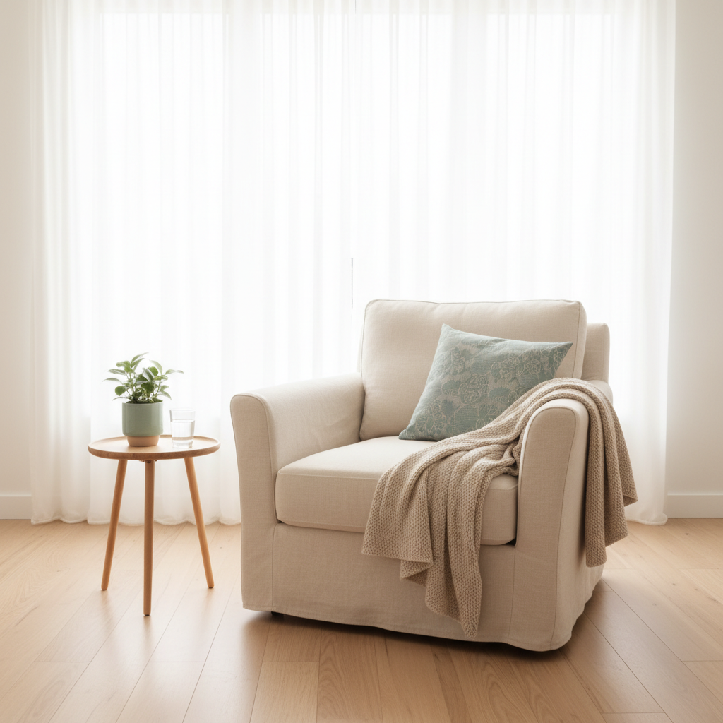 Calm bright therapy room with comfortable armchair and natural light